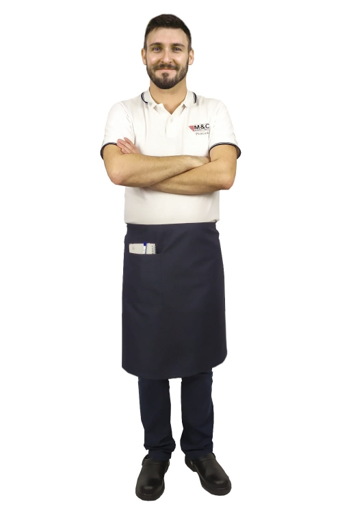 Tablier de serveur bleu marine de 60 cm de long.