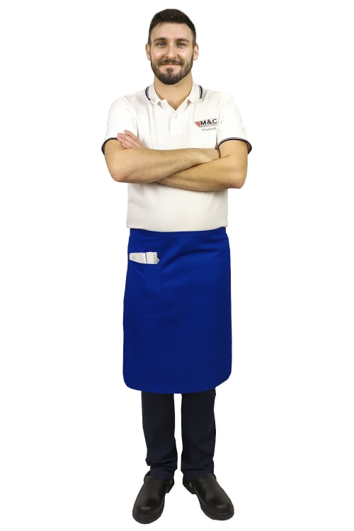 Tablier de serveur bleu cobalt de 60 cm de long.