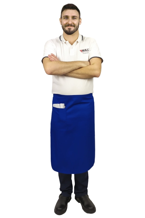 Tablier de serveur bleu royal de 75 cm de long.