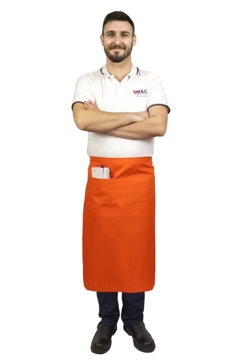 Tablier de serveur orange de 75 cm de long.