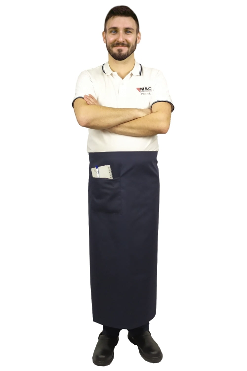 Tablier de serveur bleu marine de 90 cm de long.