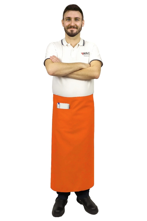 Tablier de serveur orange de 90 cm de long.