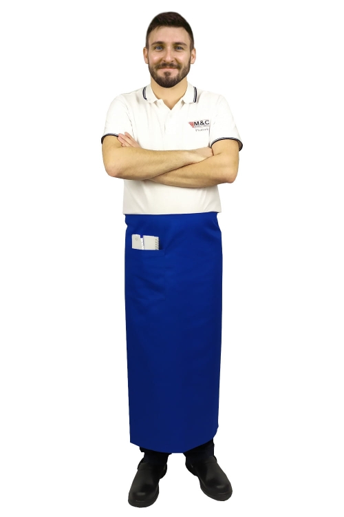 Tablier de serveur bleu roi de 90 cm de long.