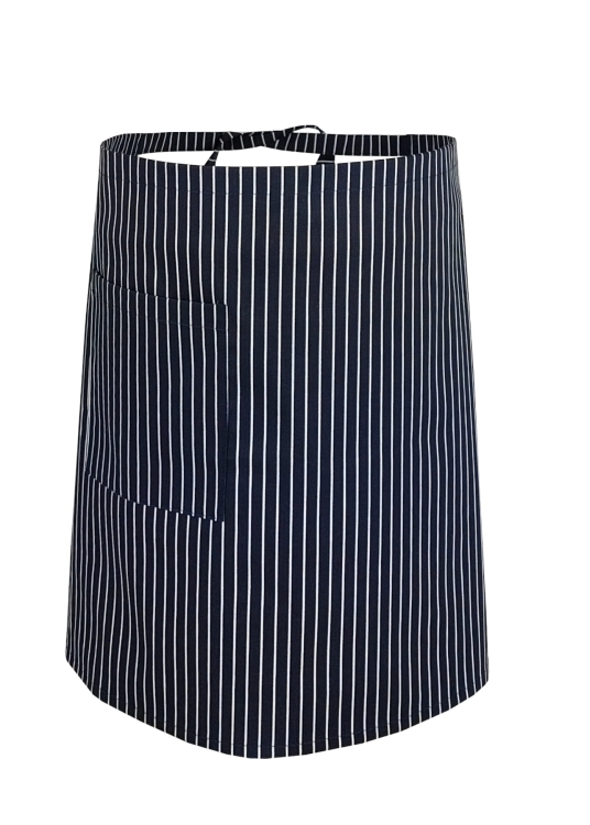 Tablier de cuisine bleu marine long. 50 cm à rayures blanches.
