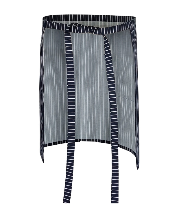 Long. 50 cm tablier de serveur à rayures blanches bleu marine.