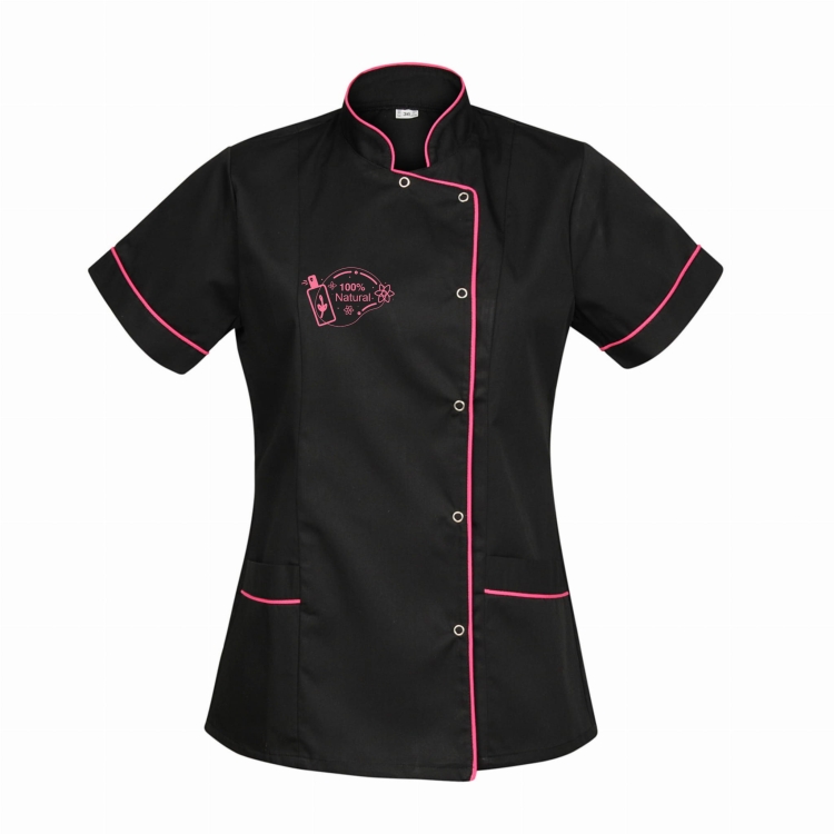 Veste cosmétique noire avec passepoil fuchsia.