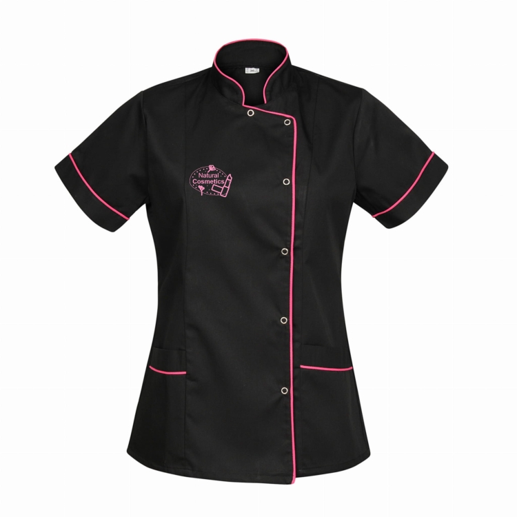 Veste cosmétique noire avec passepoil fuchsia.