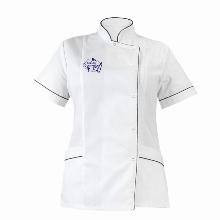 Veste cosmétique avec passepoil fuchsia et logo.