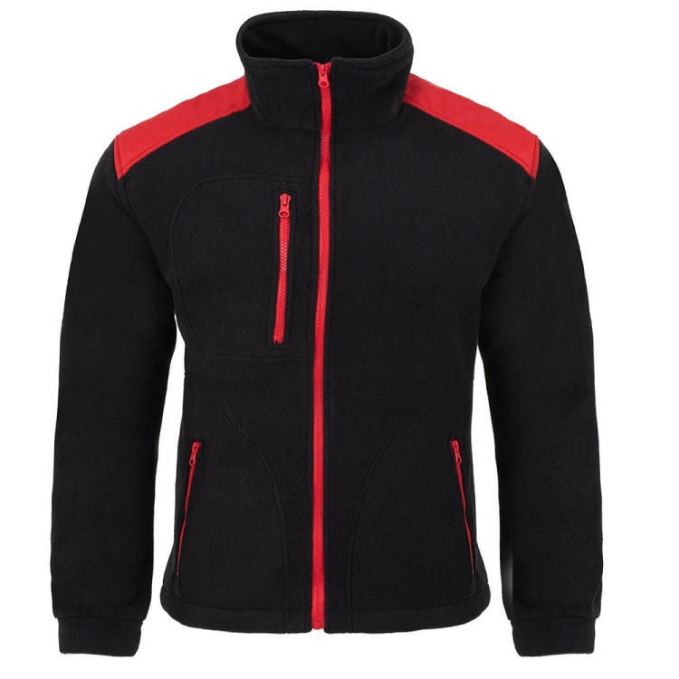 Sweat à capuche noir avec des inserts rouges.