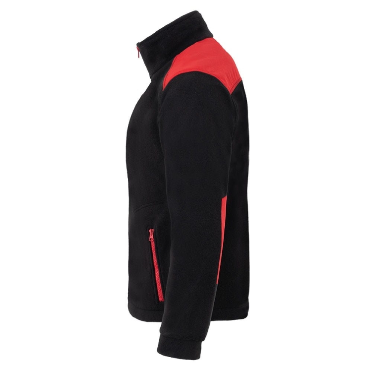 Sweat noir avec des inserts rouges en polaire.
