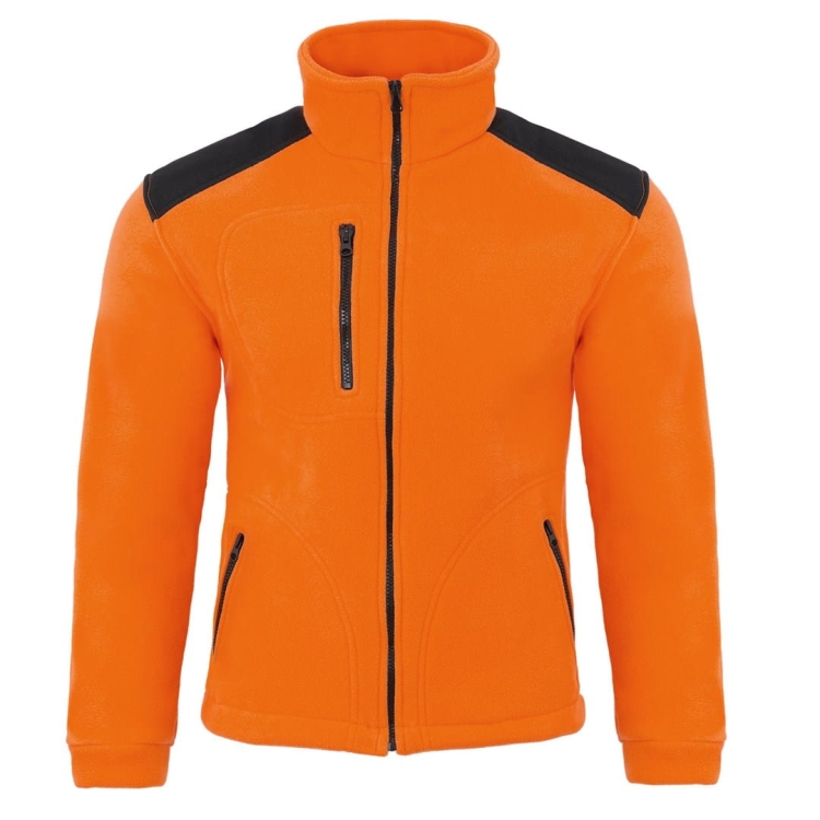 Sweat en polaire avec des inserts noirs et de couleur orange.