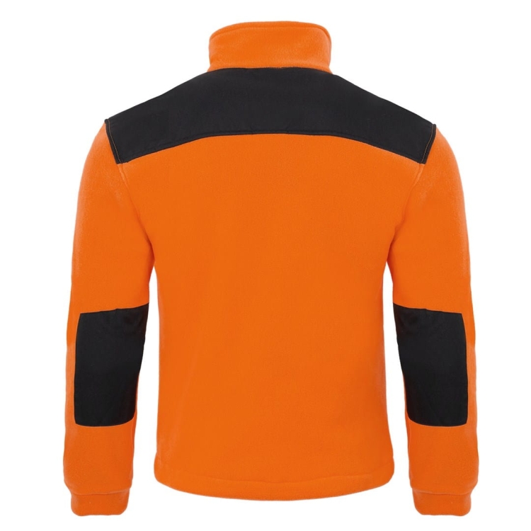 Sweat en polaire orange avec des inserts noirs.