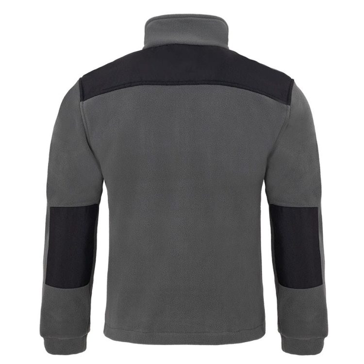 Inserts noirs sur un sweat à capuche gris en polaire.