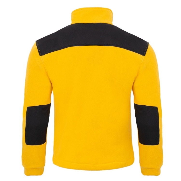 Sweat à capuche jaune en polaire avec des inserts noirs.