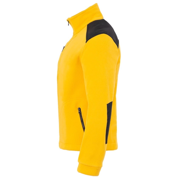 Inserts noirs sur un sweat-shirt polaire jaune.
