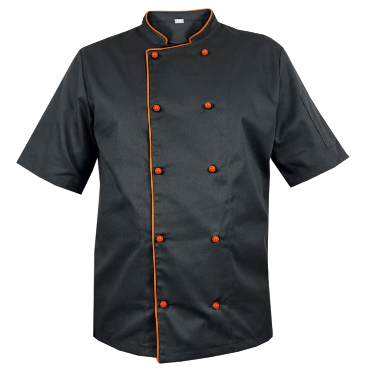 Veste de chef noire pour homme avec passepoil orange.