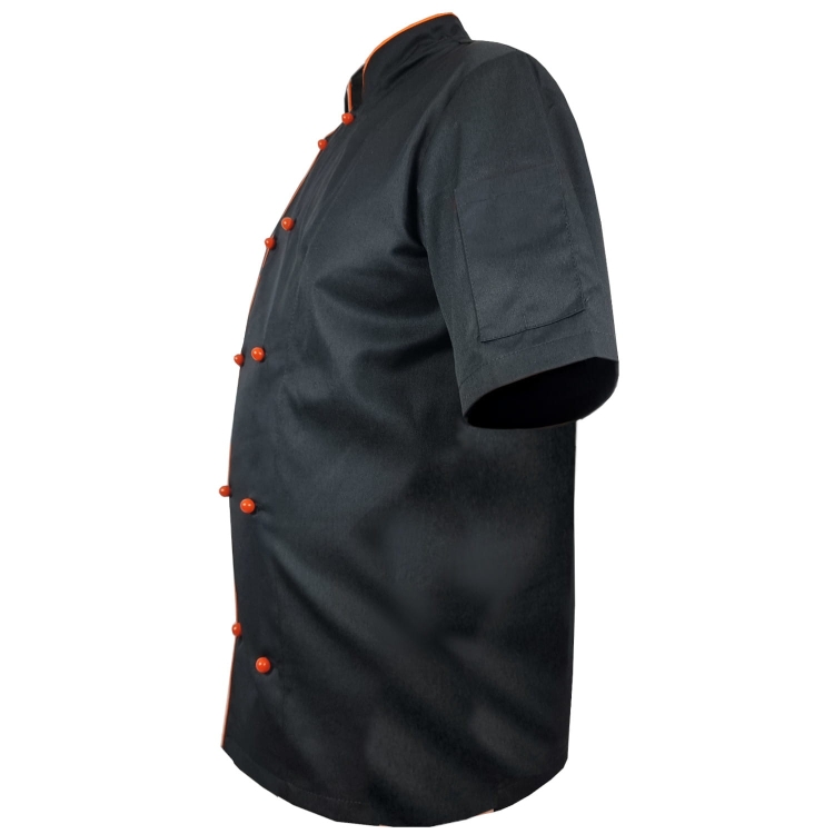 Veste de chef pour homme avec passepoil orange en noir.