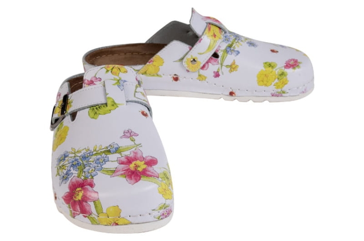 Kwiatowe skórzane klapki medyczne