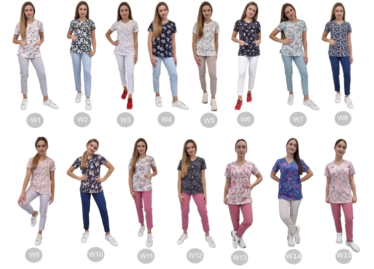 Kolorowe wzory w damskim komplecie medycznym