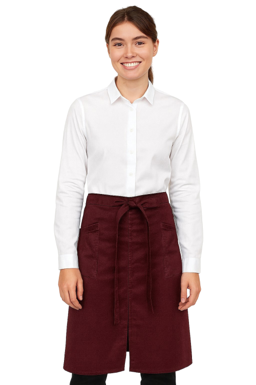 Długa zapaska kelnerska bordowa 86 cm z rozcięciem