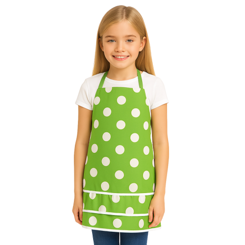 Stylowy fartuch kuchenny dla dzieci w białe kropki
