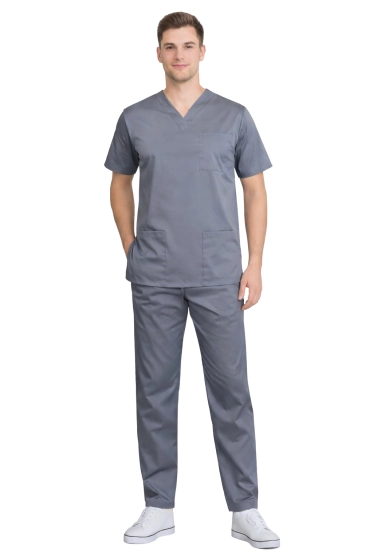 Ensemble médical homme gris élastique – scrubs premium