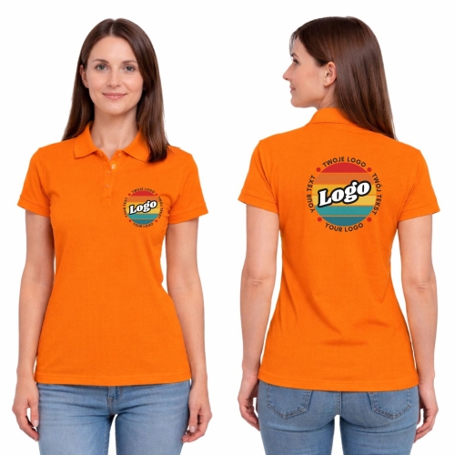 Koszulka polo damska pomarańczowa krótki rękaw z własnym nadrukiem kreator online.jpg
