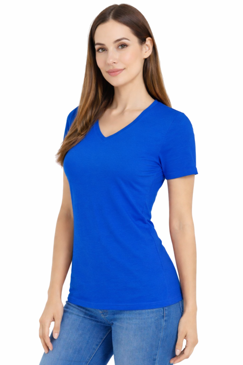 Koszulka z krótkim rękawem damska dekolt w serek kolor chabrowy widok z boku.png