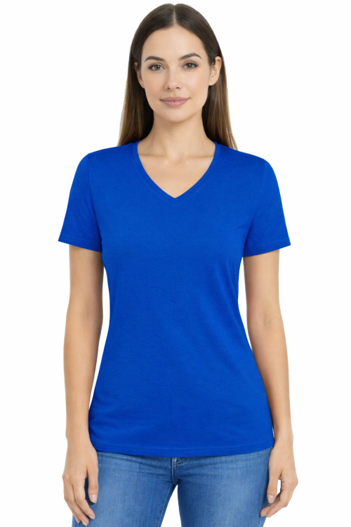 Koszulka z krótkim rękawem damska dekolt w serek kolor chabrowy.png