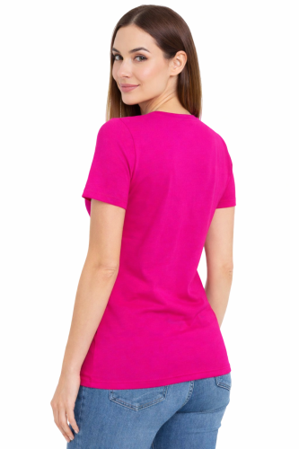 Koszulka z krótkim rękawem damska dekolt w serek kolor fuksja widok z tyłu.png