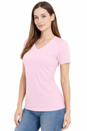 Koszulka z krótkim rękawem damska dekolt w serek kolor różowy widok z boku.png