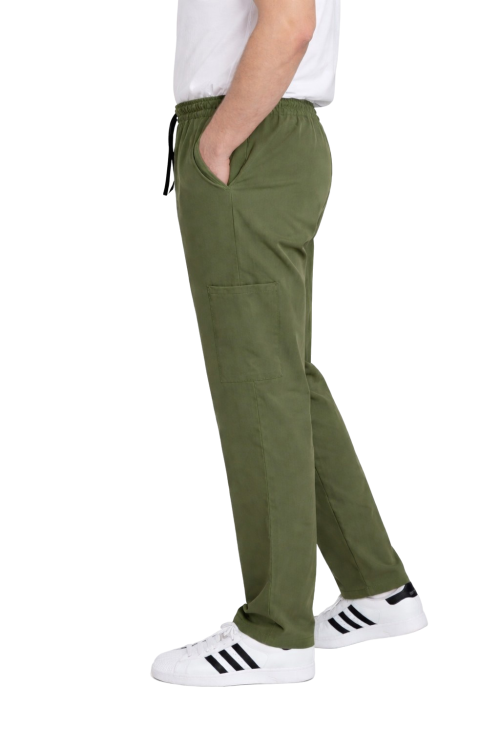 Spodnie medyczne męskie oliwka BASIC PREMIUM widok z boku.png