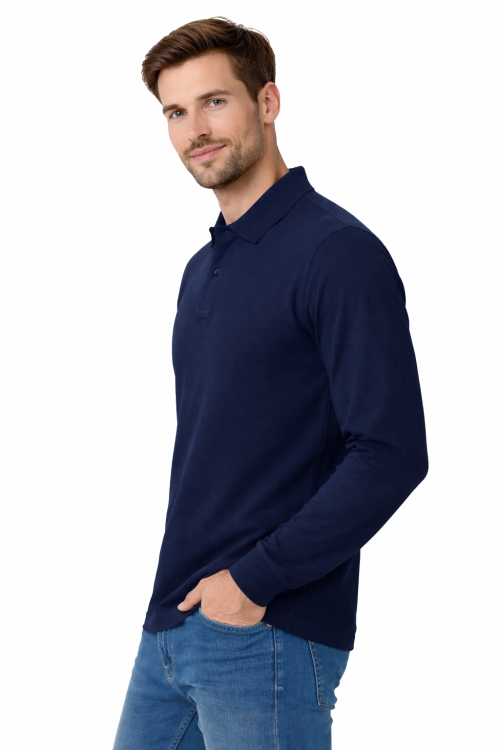 Koszulka polo męska z długim rekawem granatowa widok z boku.png