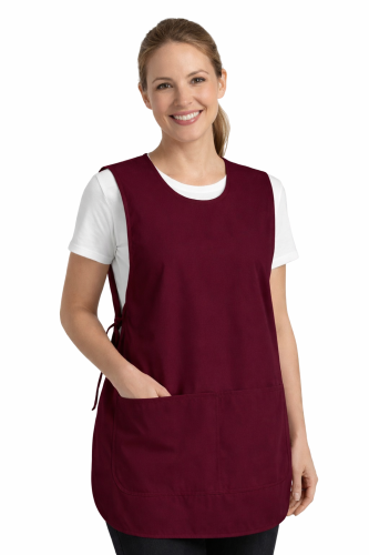 Fartuszek kuchenny wkładany przez głowę zawiązywany z boku z podwójną kieszenią kolor bordowy.png