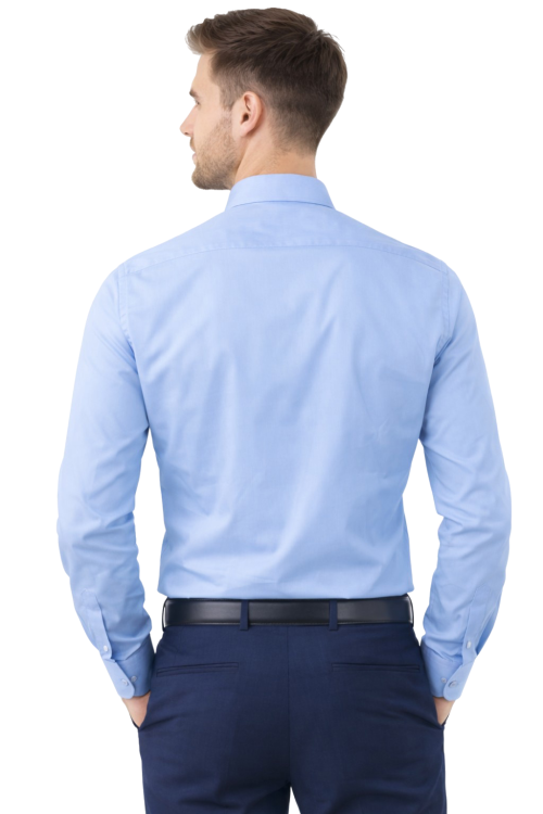 Koszula męska długi rękaw zapinana na guziki niebieska widok z tyłu.png