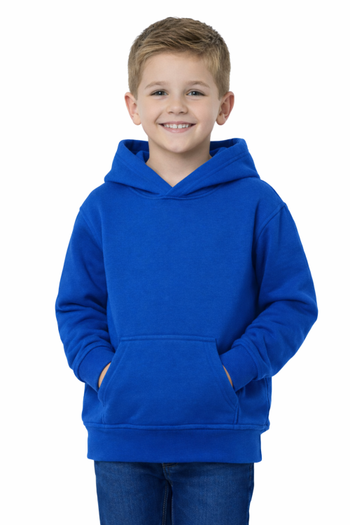 Bluza sportowa z kapturem i długim rękawem dziecięca dla chłopca i dziewczynki chabrowa widok chłopca.png