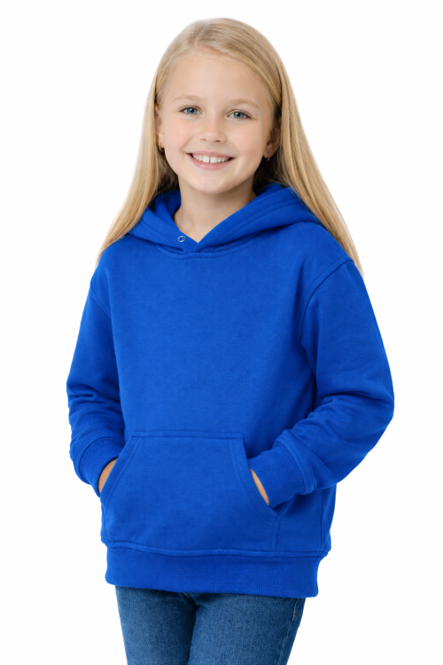 Bluza sportowa z kapturem i długim rękawem dziecięca dla chłopca i dziewczynki chabrowa widok dziewczynki.png