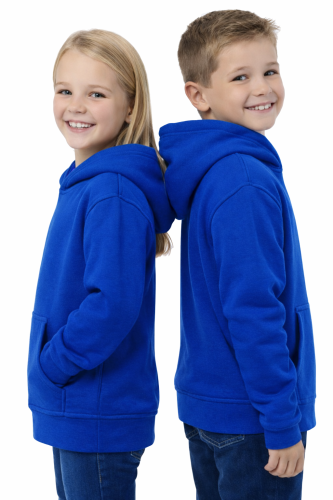 Bluza sportowa z kapturem i długim rękawem dziecięca dla chłopca i dziewczynki chabrowa widok z boku.png