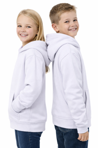 Bluza sportowa z kapturem i długim rękawem dziecięca dla chłopca i dziewczynki biała widok z boku.png