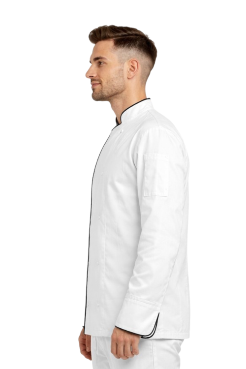 Biała bluza kucharska na zatrzaski z lamówką