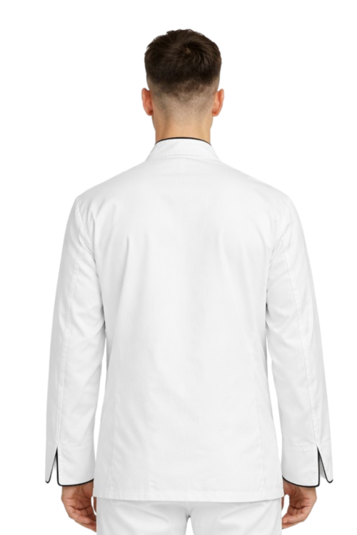 Biała bluza kucharska na zatrzaski z czarną  lamówką