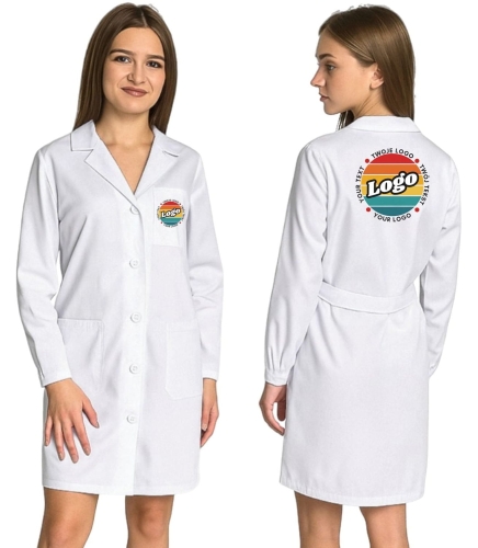 Fartuch laboratoryjny biały damski zapinany na guziki z twoim własnym nadrukiem kreator online.jpg
