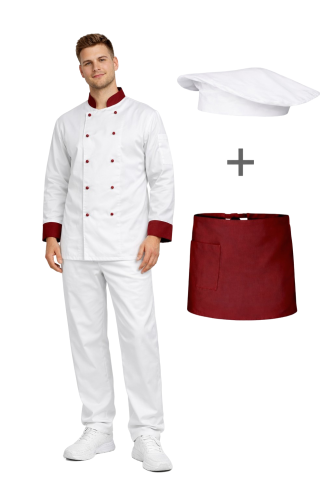 Uniform kucharza z długim rękawem  bluza z bordowymi wstawkami  zapaska w kolorze bordowym – zestaw gastronomiczny