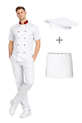 Uniform kucharza z krótkim rękawem – zestaw gastronomiczny bordowe  wstawki , biała zapaska.png