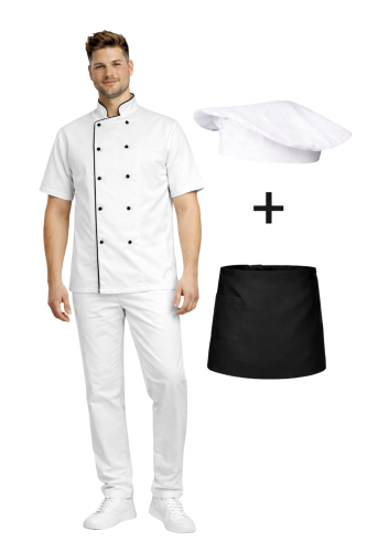 Zestaw gastronomiczny krótki rękaw dla szefa kuchni,ucznia biały  z czarną   lamówką i czarną  zapaską.png