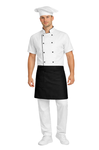 Gastronomiczny zestaw kucharza z krótkim rekawem  – uniform szkolny biały z czarną  lamówką i czarną    zapaską.png