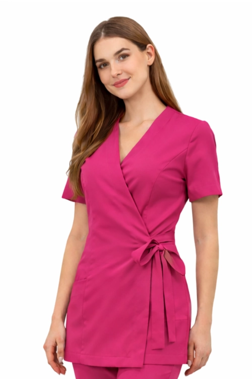 Amarantowy żakiet kopertowy, tunika basic premium z krótkim rękawem