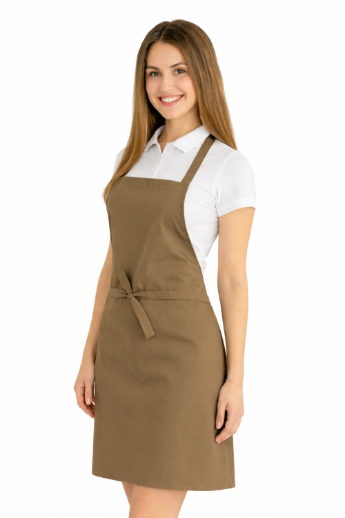 Fartuszek do kuchni dla gastronomii kolor beżowy widok z boku.png