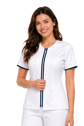 Zapinany na suwak żakiet kosmetyczny biały z lamówką granat