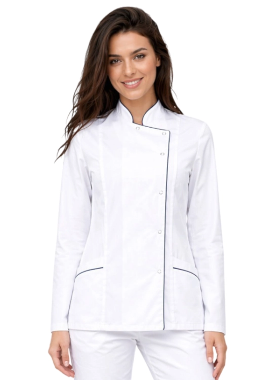 Żakiet medyczny biały  z granatową lamówką długi rękaw